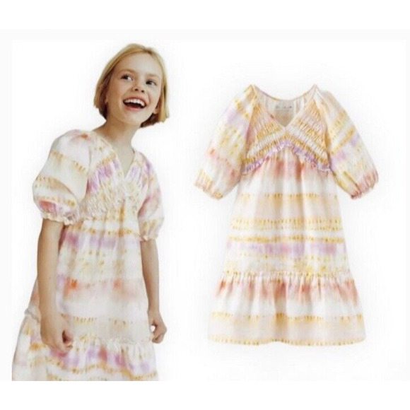 Zara Dress Girsl‎ 11-12 Linen Blend Tie Dye Grapfruit Yellow Puff Sleeve Easter - Picture 1 of 14